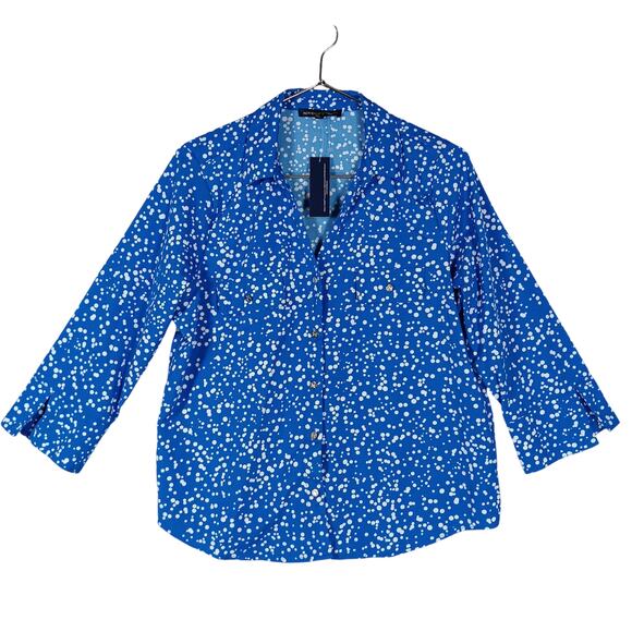 Adrienne Vittadini Blouse Size Large Blue & White Specks Button Down 3/4 Sleeve - Picture 1 of 10